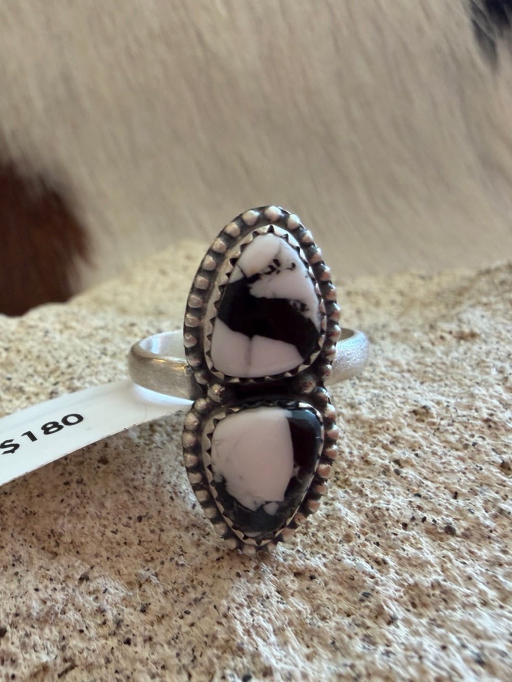❤️ White Buffalo Turquoise 2 Stone Sterling Ring Navajo Style Adj Size 5.5 to 9